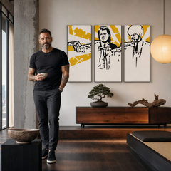 Quadro POP Art dipinto a mano Pulp fiction 3 pezzi pulp2 – quadro in un moderno interno maschile, visualizzazione lifestyle. Colori dominanti: giallo, nero, bianco.