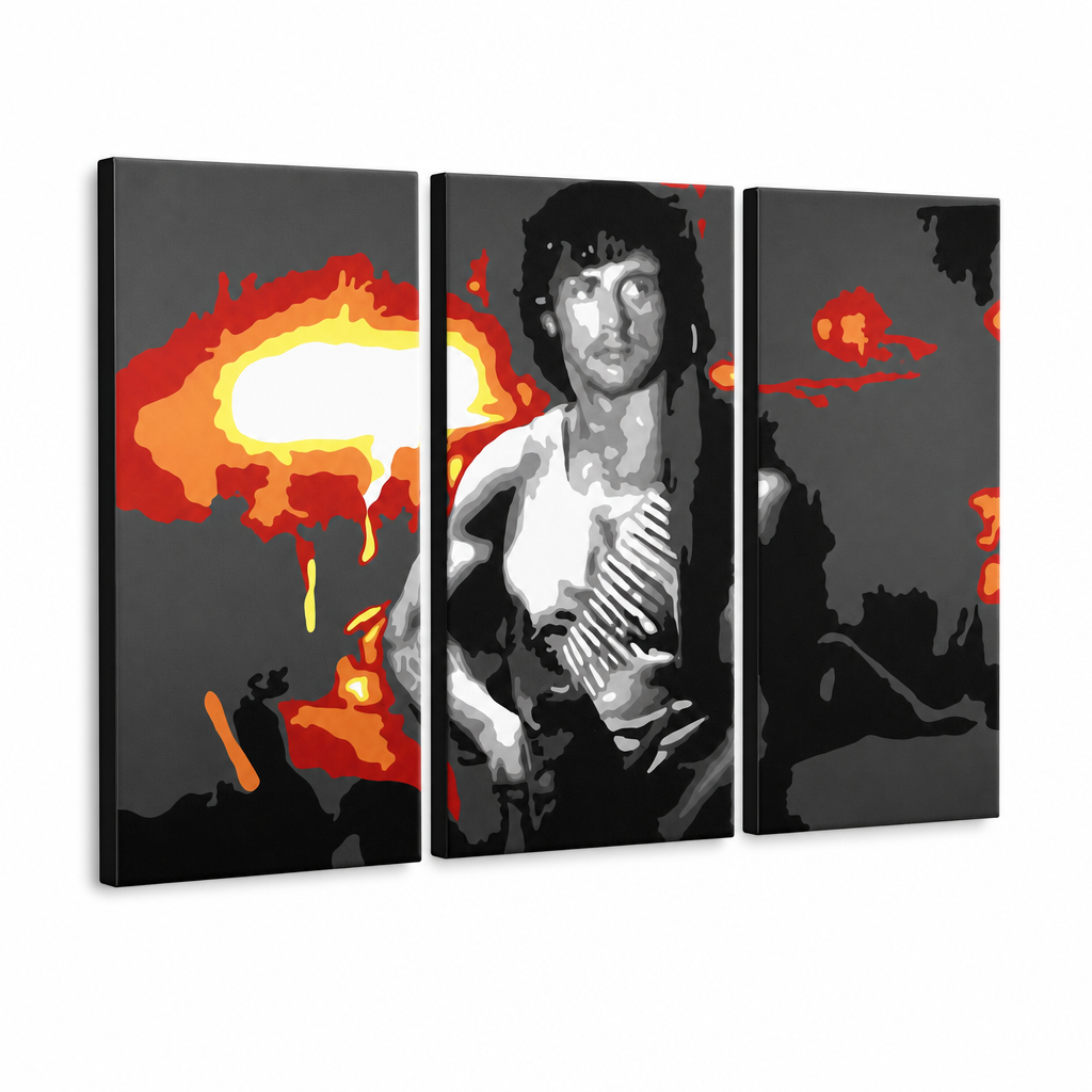 Quadro POP Art dipinto a mano Rambo 3 pezzi ram – Visualizzazione 3D del quadro dipinto a mano su sfondo bianco. Colori dominanti: nero, arancione, bianco, rosso, grigio.