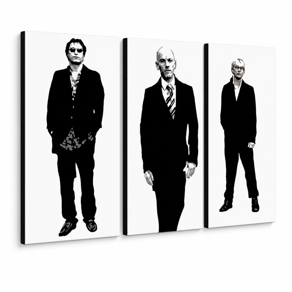 Quadro POP Art dipinto a mano REM 3 pezzi rem – Visualizzazione 3D del quadro dipinto a mano su sfondo bianco. Colori dominanti: nero, bianco, grigio.