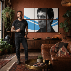 Quadro POP Art dipinto a mano Scarface - AL PACINO 6 pezzi al40 – quadro in un moderno interno maschile, visualizzazione lifestyle. Colori dominanti: nero, blu, bianco.