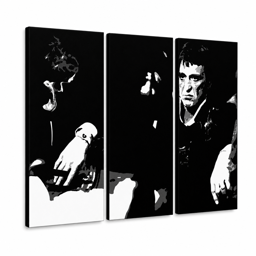 Quadro POP Art dipinto a mano SCARFACE-AL PACINO 6 pezzi al5 – Visualizzazione 3D del quadro dipinto a mano su sfondo bianco. Colori dominanti: nero, bianco.
