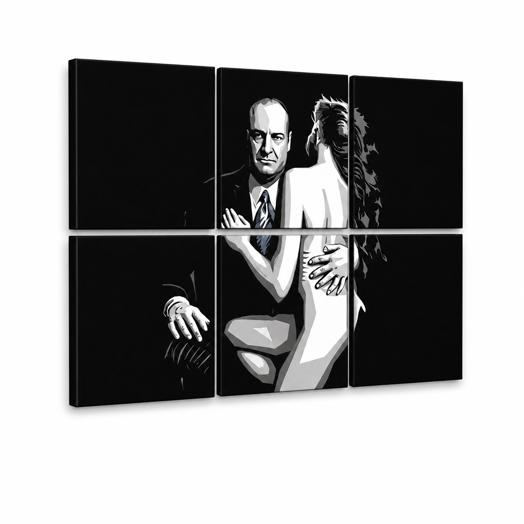 Quadro POP Art dipinto a mano SOPRANOS 6 pezzi sop2 – Visualizzazione 3D del quadro dipinto a mano su sfondo bianco. Colori dominanti: nero, bianco, blu.
