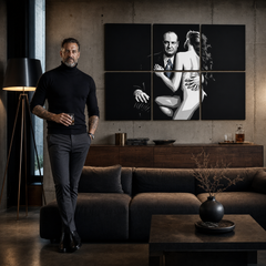 Quadro POP Art dipinto a mano SOPRANOS 6 pezzi sop2 – quadro in un moderno interno maschile, visualizzazione lifestyle. Colori dominanti: nero, bianco, blu.
