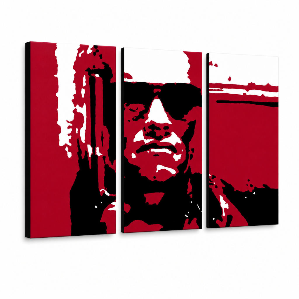 Quadro POP Art dipinto a mano Terminator 3 pezzi ter2 – Visualizzazione 3D del quadro dipinto a mano su sfondo bianco. Colori dominanti: rosso, nero, grigio.