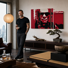 Quadro POP Art dipinto a mano Terminator 3 pezzi ter2 – quadro in un moderno interno maschile, visualizzazione lifestyle. Colori dominanti: rosso, nero, grigio.