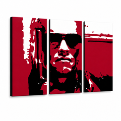 Quadro POP Art dipinto a mano Terminator 3 pezzi ter2 – Visualizzazione 3D del quadro dipinto a mano su sfondo bianco. Colori dominanti: rosso, nero, grigio.
