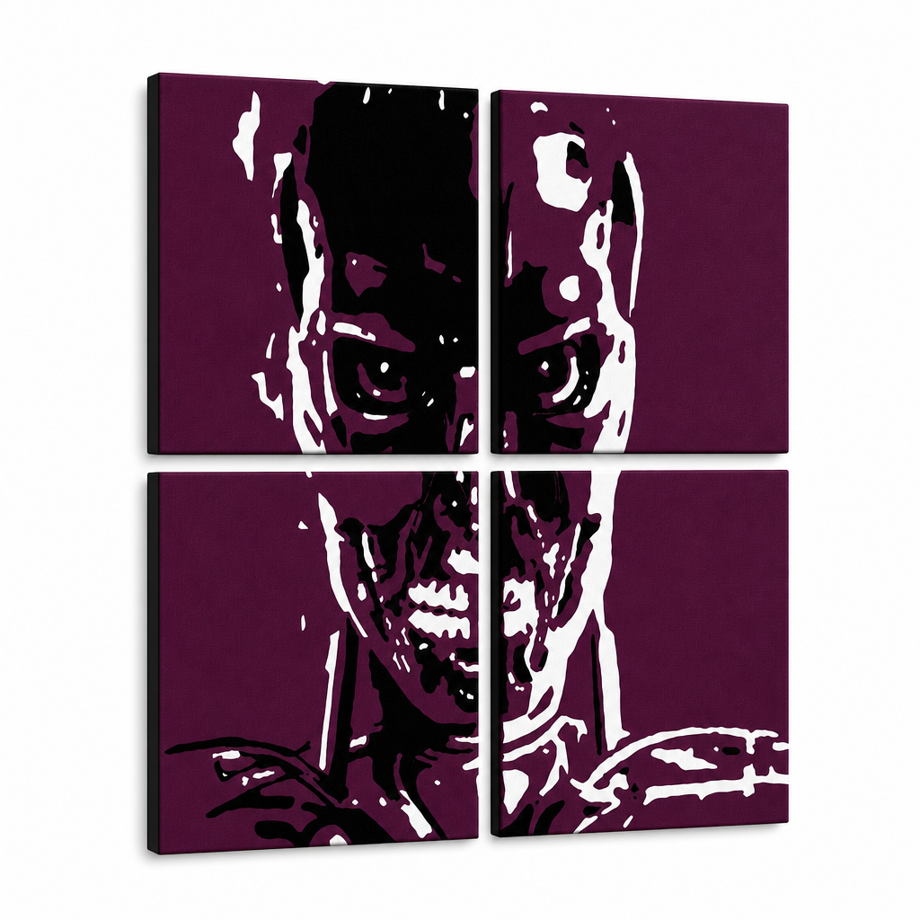 Quadro POP Art dipinto a mano TERMINATOR 4 pezzi ter – Visualizzazione 3D del quadro dipinto a mano su sfondo bianco. Colori dominanti: nero, bianco, viola.