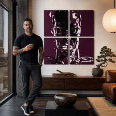Quadro POP Art dipinto a mano TERMINATOR 4 pezzi ter – quadro in un moderno interno maschile, visualizzazione lifestyle. Colori dominanti: nero, bianco, viola.