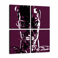 Quadro POP Art dipinto a mano TERMINATOR 4 pezzi ter – Visualizzazione 3D del quadro dipinto a mano su sfondo bianco. Colori dominanti: nero, bianco, viola.