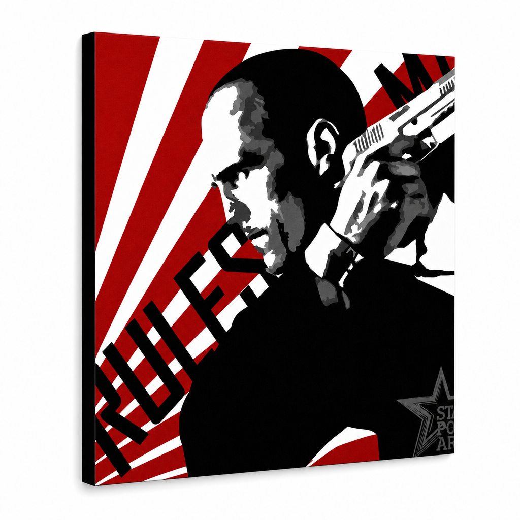Quadro POP Art dipinto a mano THE TRANSPORTER - Courier 1 parte kur2 – Visualizzazione 3D del quadro dipinto a mano su sfondo bianco. Colori dominanti: rosso, nero, bianco.