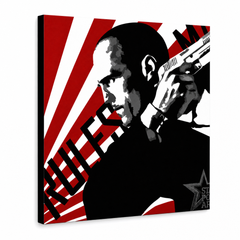 Quadro POP Art dipinto a mano THE TRANSPORTER - Courier 1 parte kur2 – Visualizzazione 3D del quadro dipinto a mano su sfondo bianco. Colori dominanti: rosso, nero, bianco.