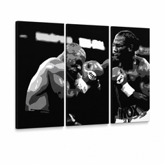 Quadro POP Art dipinto a mano Tyson vs. Lewis Confezione da 3 pezzi – Visualizzazione 3D del quadro dipinto a mano su sfondo bianco. Colori dominanti: nero, bianco, grigio.