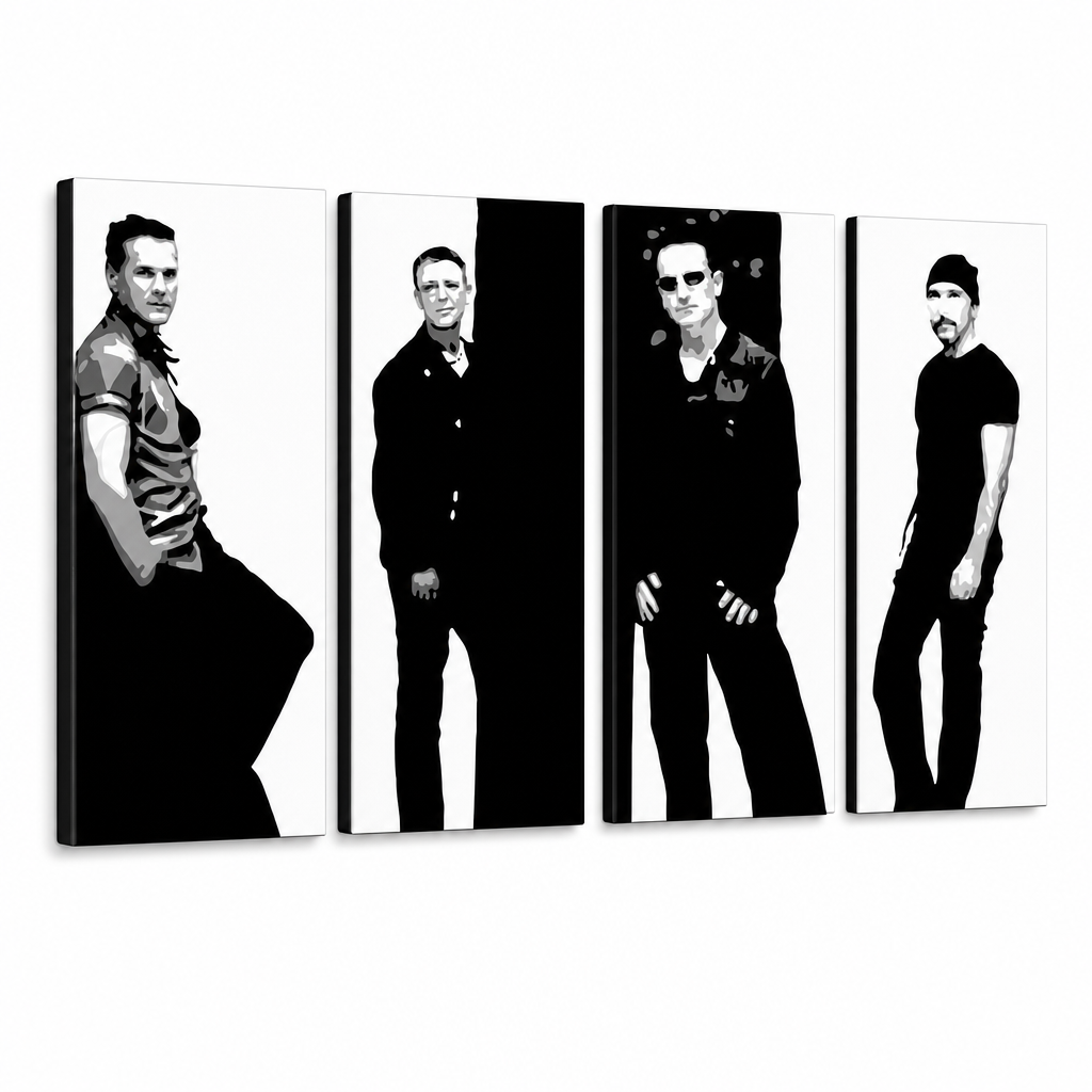 Quadro POP Art dipinto a mano U2 in nero 4 pezzi U2 – Visualizzazione 3D del quadro dipinto a mano su sfondo bianco. Colori dominanti: nero, bianco, grigio.