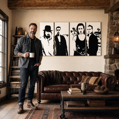 Quadro POP Art dipinto a mano U2 in nero 4 pezzi U22 – quadro in un moderno interno maschile, visualizzazione lifestyle. Colori dominanti: nero, bianco.