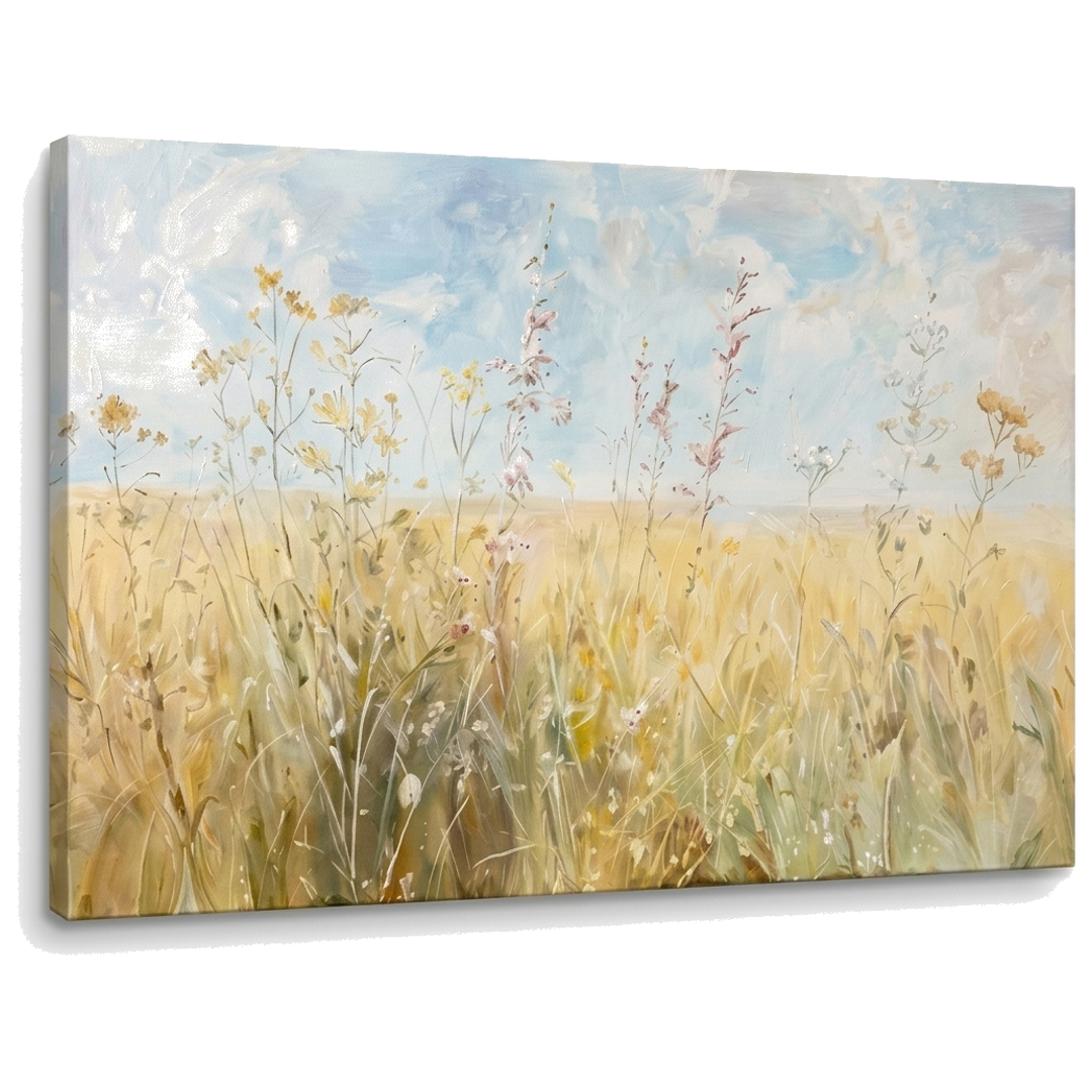 Visualizzazione 3D di un quadro con prato fiorito su tela, con telaio in legno a vista, rifinito a mano con tecnica Premium Art di Papilora.