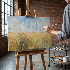 Artista nel laboratorio Papilora al lavoro su un quadro con prato di fiori selvatici, illuminato dalla luce naturale di una finestra.