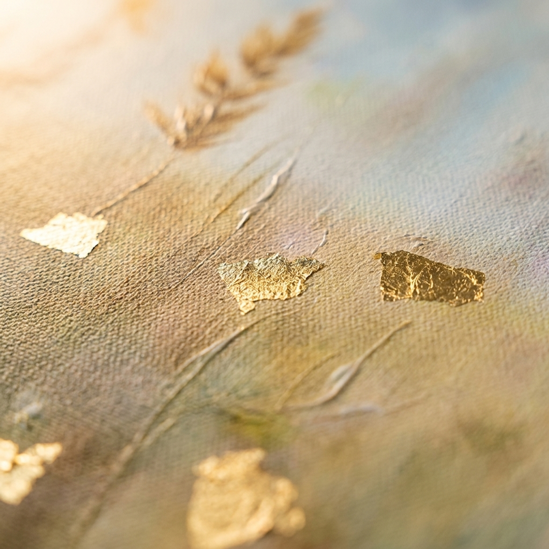 Dettaglio macro della texture in rilievo con pennellate impasto acriliche su petali di fiori: qualità artigianale Papilora.