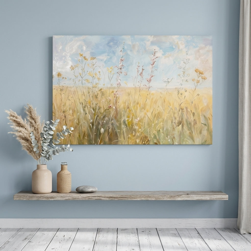 Quadro moderno con prato estivo fiorito appeso in un elegante soggiorno sopra una console, perfetto per un arredamento raffinato.