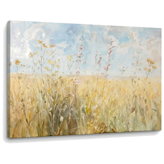 Visualizzazione 3D di un quadro con prato fiorito su tela, con telaio in legno a vista, rifinito a mano con tecnica Premium Art di Papilora.