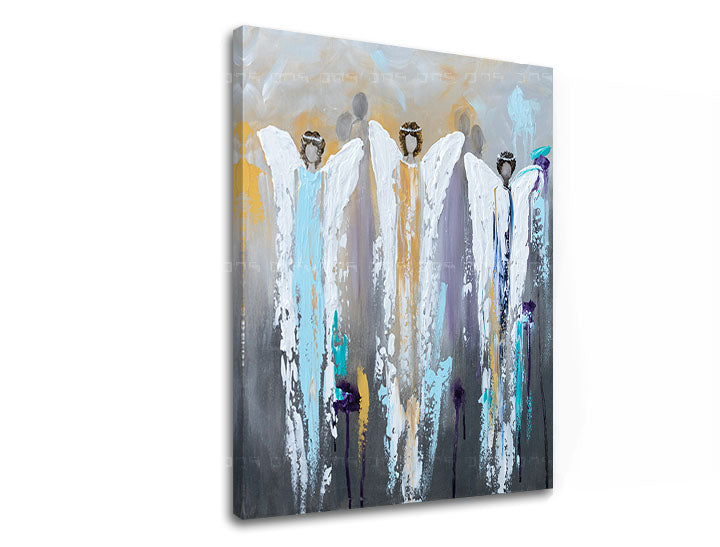 Quadro moderno su tela con angeli, tonalità bianco e viola per un'atmosfera spirituale e rilassante in soggiorno. Arte premium di Papilora.