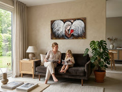 Quadro su tela con angelo e cuore in toni bianco-marrone, appeso in un soggiorno moderno, atmosfera romantica e accogliente.