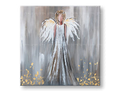 Artigiano al lavoro sul quadro su tela ANGELO, dettagli in foglia d'oro, produzione artigianale nell'Atelier LIPA, qualità premium.