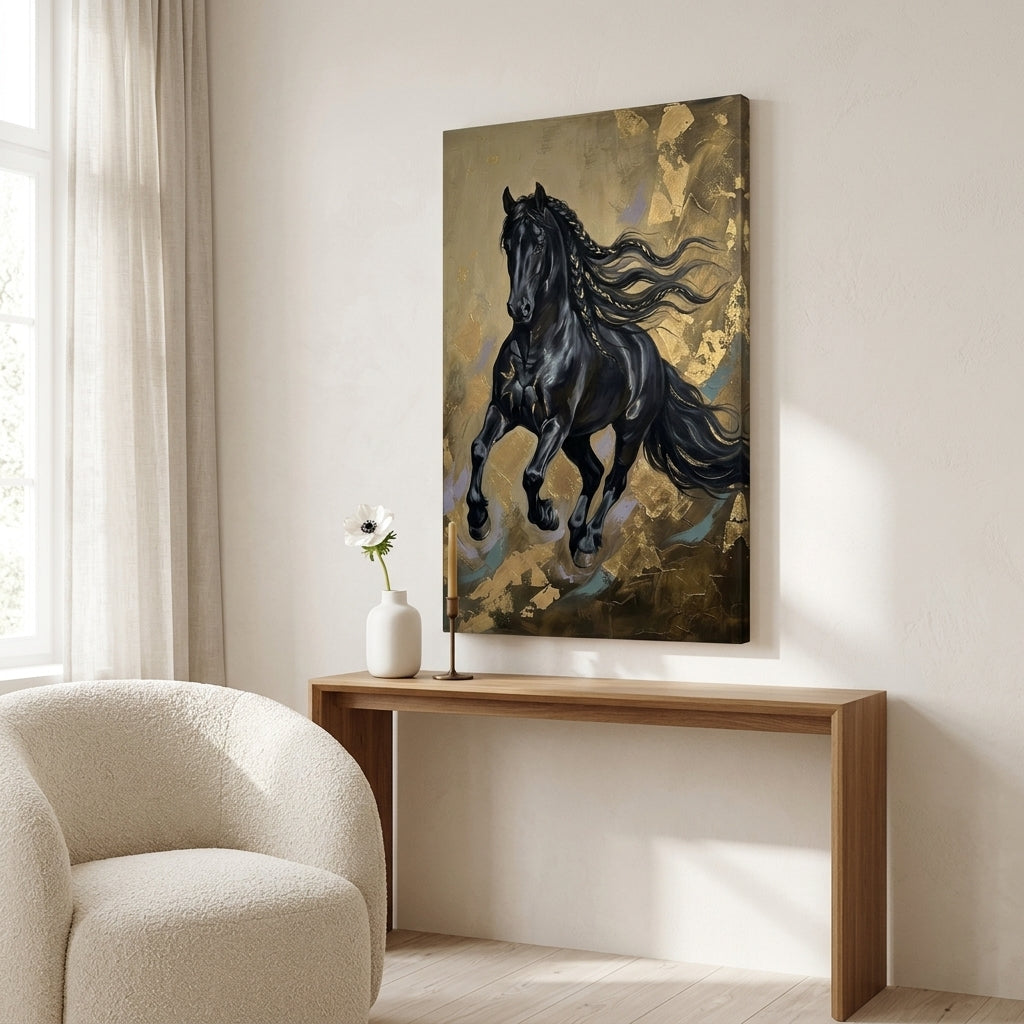 Elegante quadro con cavallo nero appeso sopra una console moderna in un soggiorno di design, perfetto per arredare con stile.