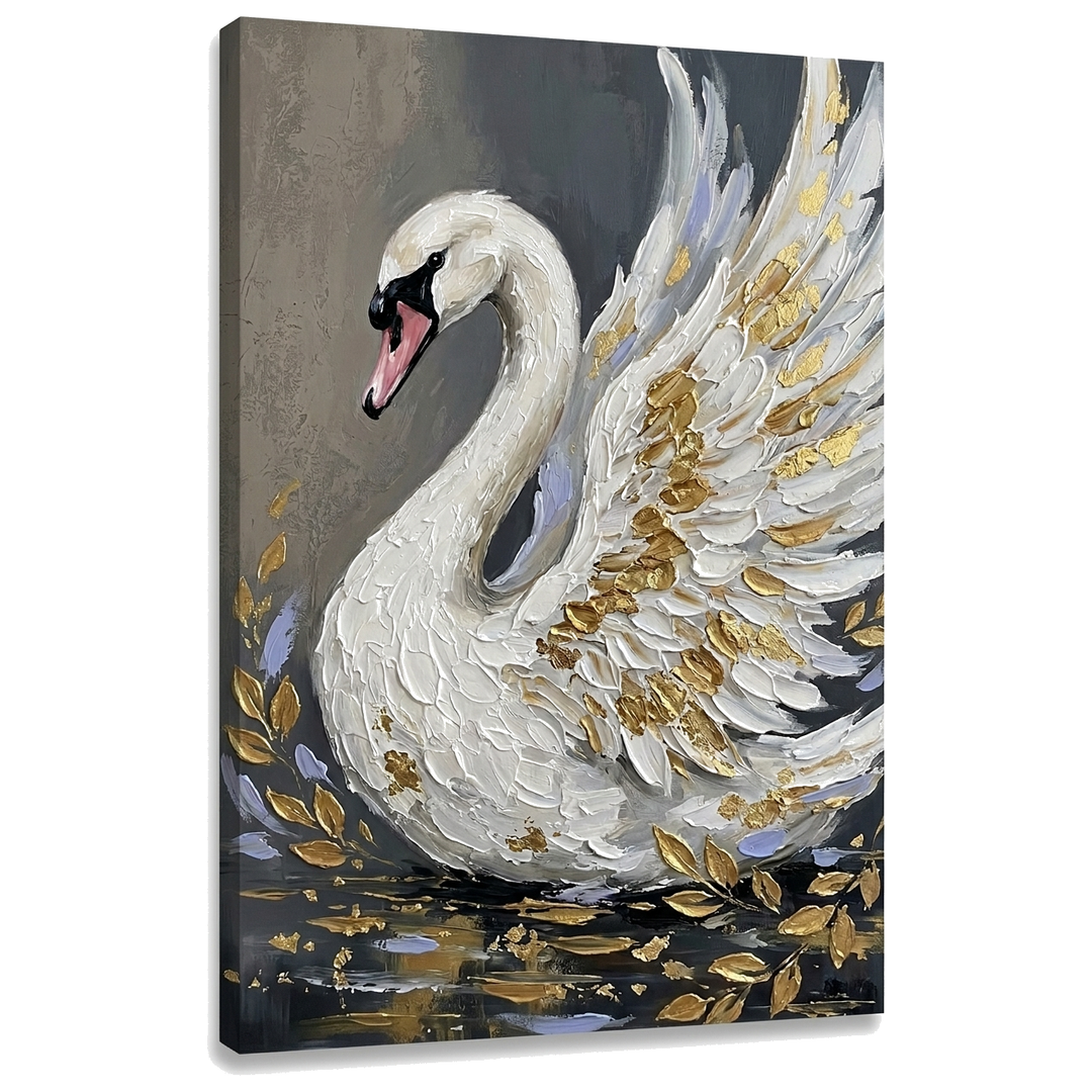 Quadro su tela con cigno bianco e dettagli dorati, visualizzazione 3D del telaio in legno di alta qualità, Papilora Premium Art.