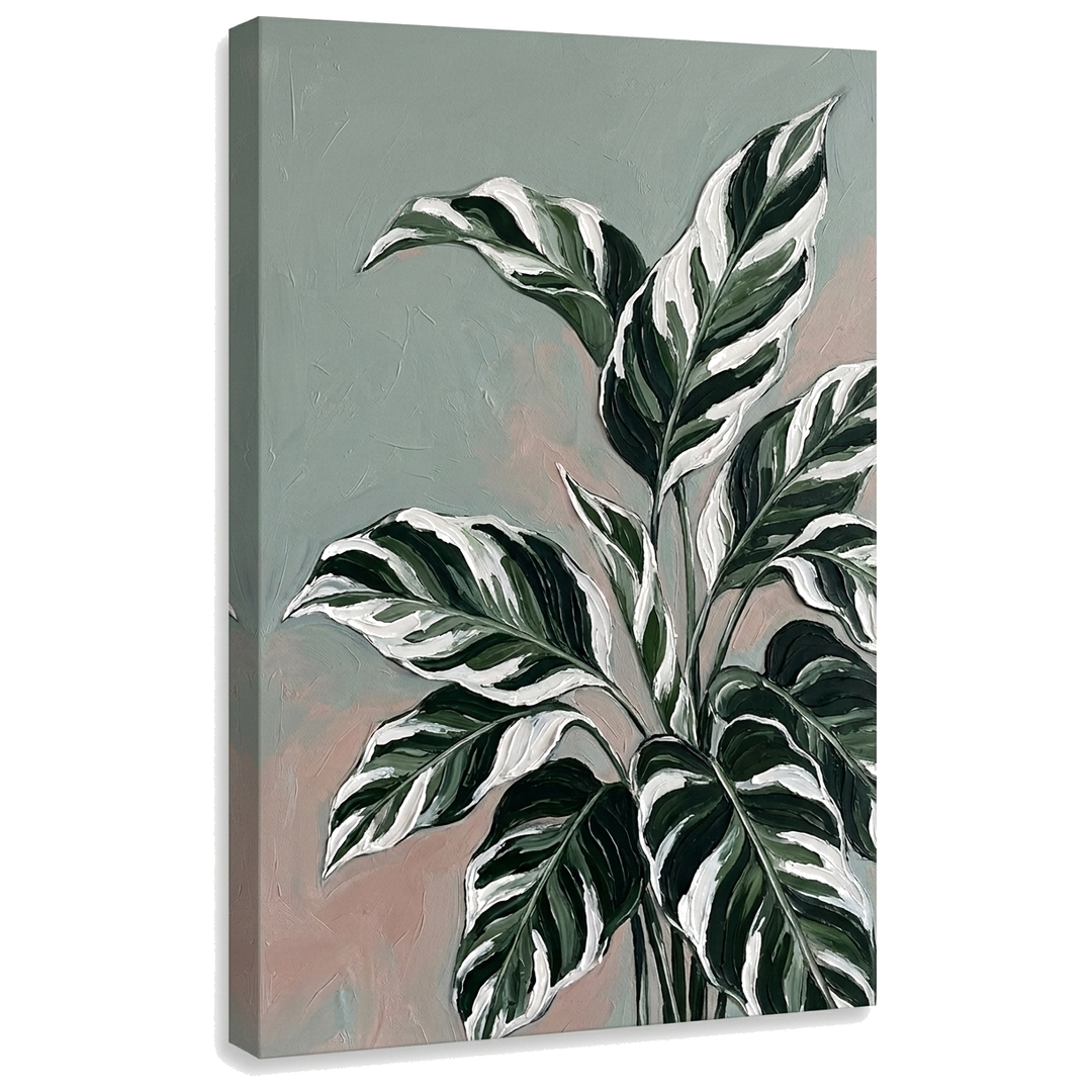 Quadro su tela con foglie tropicali e finiture 3D, visualizzazione realistica del telaio in legno, stile botanico moderno Papilora.
