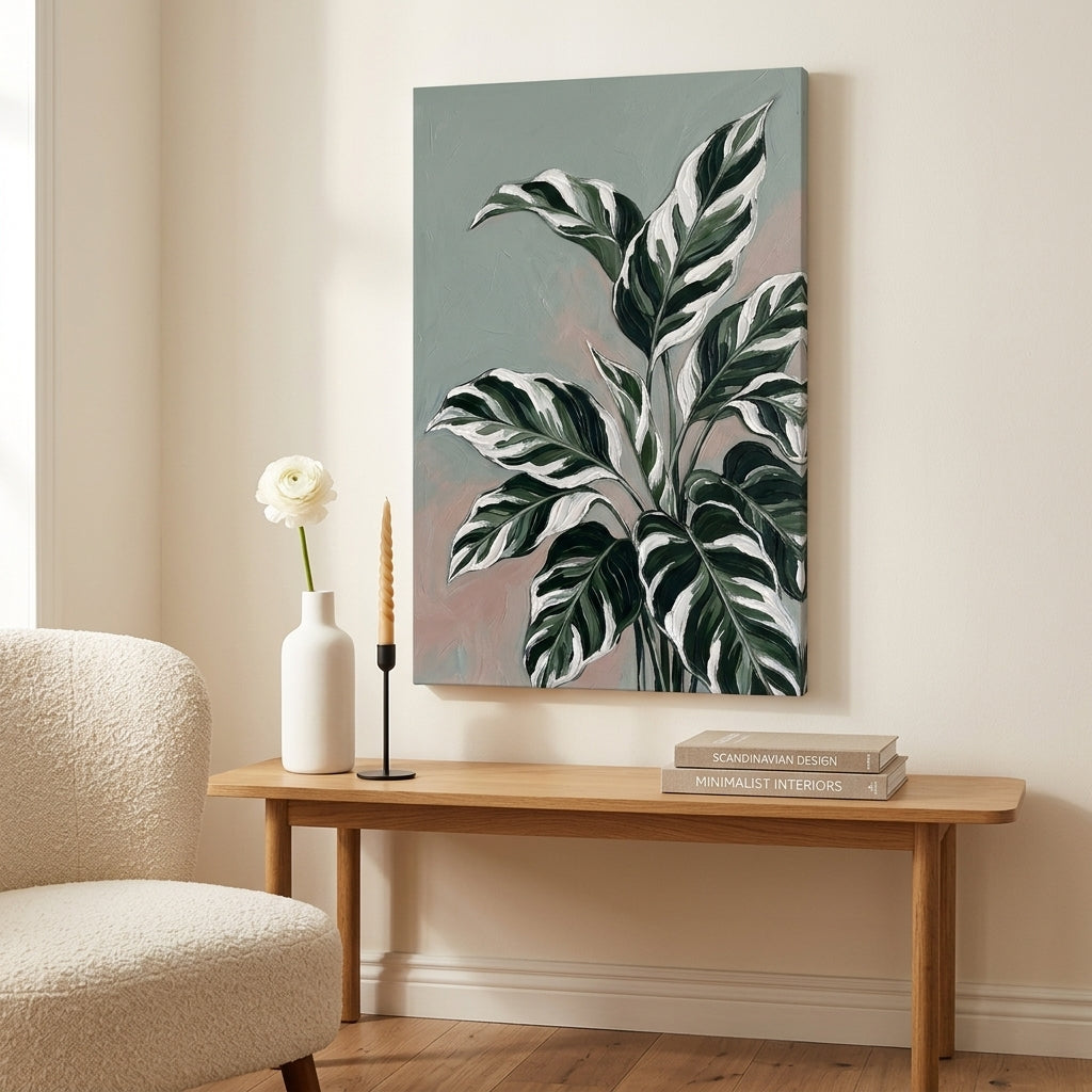 Elegante quadro con foglie tropicali appeso in un soggiorno moderno, sopra una console in legno con elementi decorativi, stile raffinato.