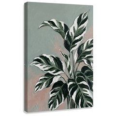 Quadro su tela con foglie tropicali e finiture 3D, visualizzazione realistica del telaio in legno, stile botanico moderno Papilora.