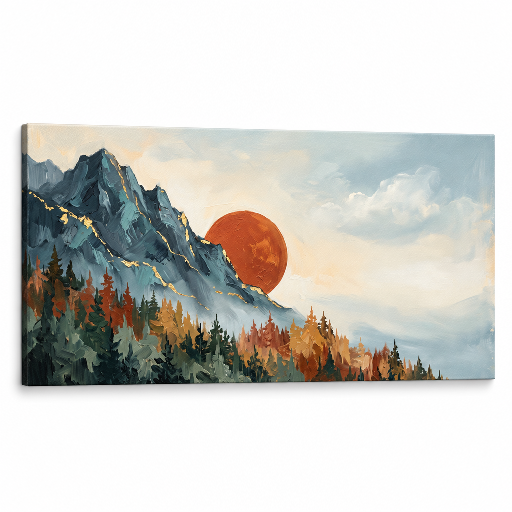 Quadro panoramico su tela con paesaggio di montagna al tramonto, visualizzazione 3D che mostra la struttura del telaio in legno, Papilora Premium Art.