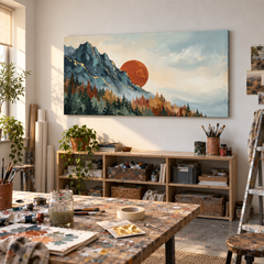 Quadro con paesaggio di montagna in fase di rifinitura manuale con colori acrilici su cavalletto nel nostro atelier, luce naturale, stile artigianale.