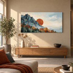 Quadro moderno con paesaggio montano e sole al tramonto appeso sopra una consolle in un soggiorno elegante, decorazione d'interni raffinata.
