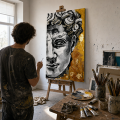 Artista che rifinisce a mano il ritratto del David nell'atelier Papilora, dettagli acrilici 3D e luce naturale.