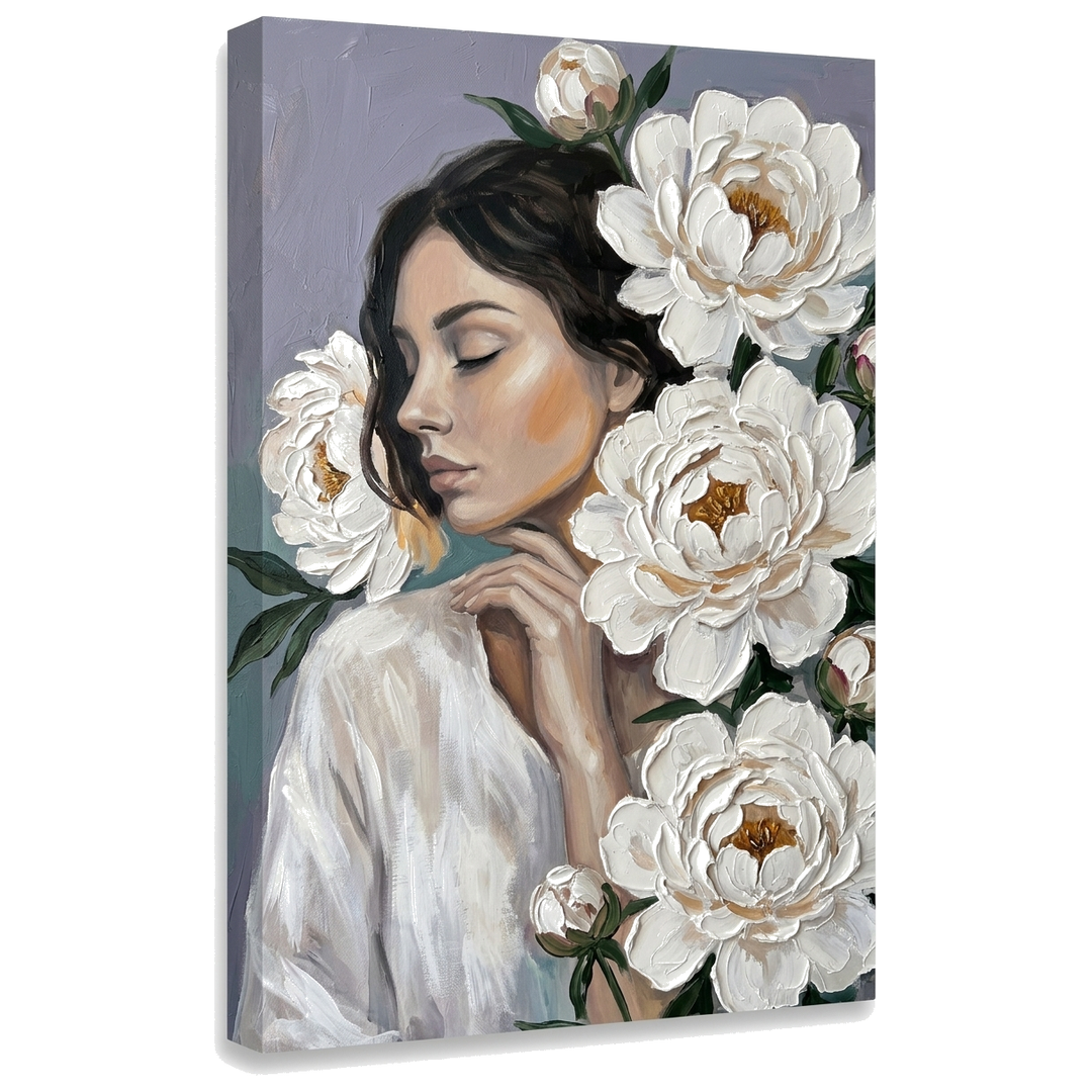 Quadro su tela di donna con fiori bianchi, visualizzazione 3D del telaio in legno, stile elegante Premium Art di Papilora.