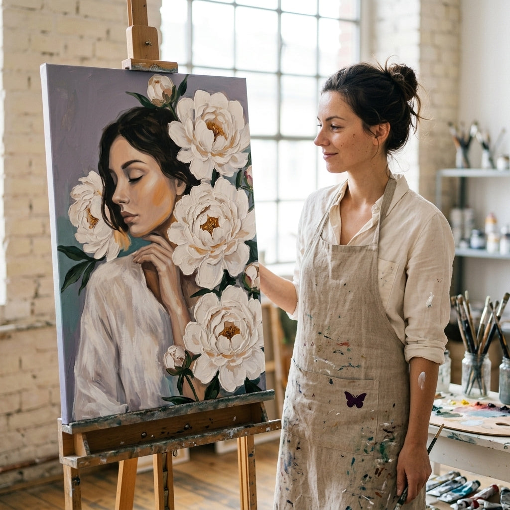 Artista nel laboratorio Papilora al lavoro su un quadro di donna con fiori, illuminato da luce naturale diurna.