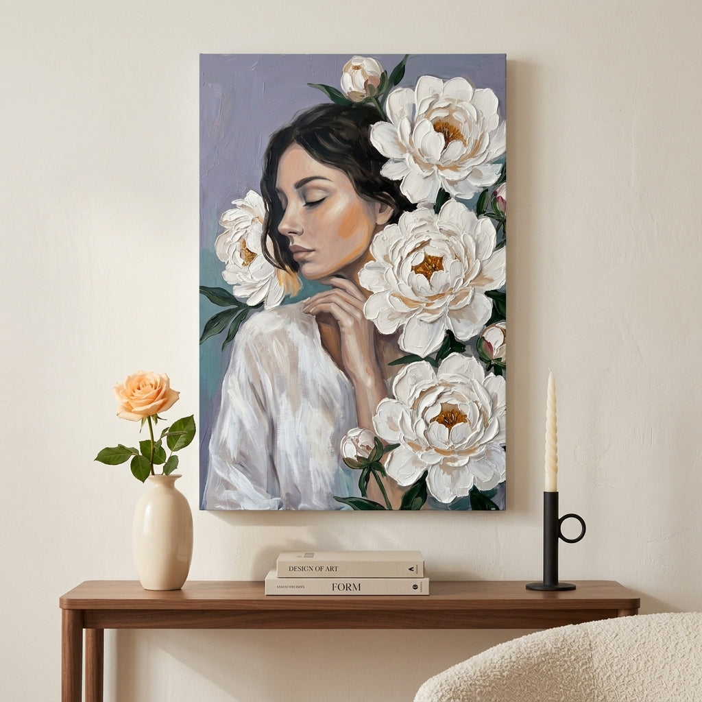 Quadro moderno con ritratto femminile e fiori bianchi appeso sopra una console in un soggiorno dal design raffinato.