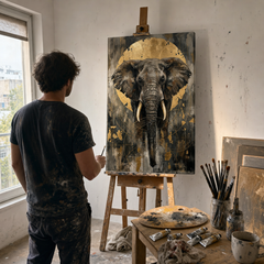 Opera d'arte con elefante africano su cavalletto nell'atelier Papilora, rifinita a mano con colori acrilici sotto luce naturale.
