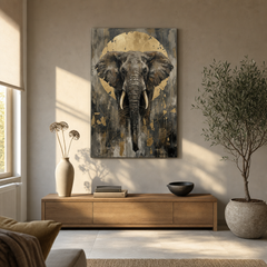 Quadro con testa di elefante africano appeso in un moderno soggiorno sopra una console in legno, perfetto per un arredamento elegante.