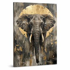 Quadro su tela con elefante africano visto frontalmente, visualizzazione 3D del telaio in legno con finitura Premium Art di Papilora.
