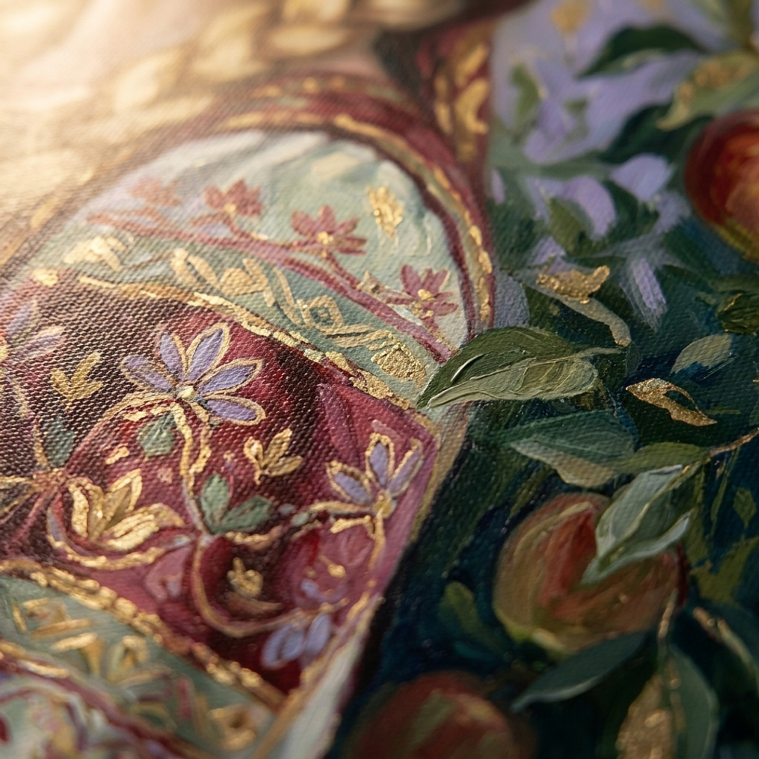 Dettaglio macro delle pennellate impasto dipinte a mano con colori acrilici, per una texture in rilievo unica e autentica.