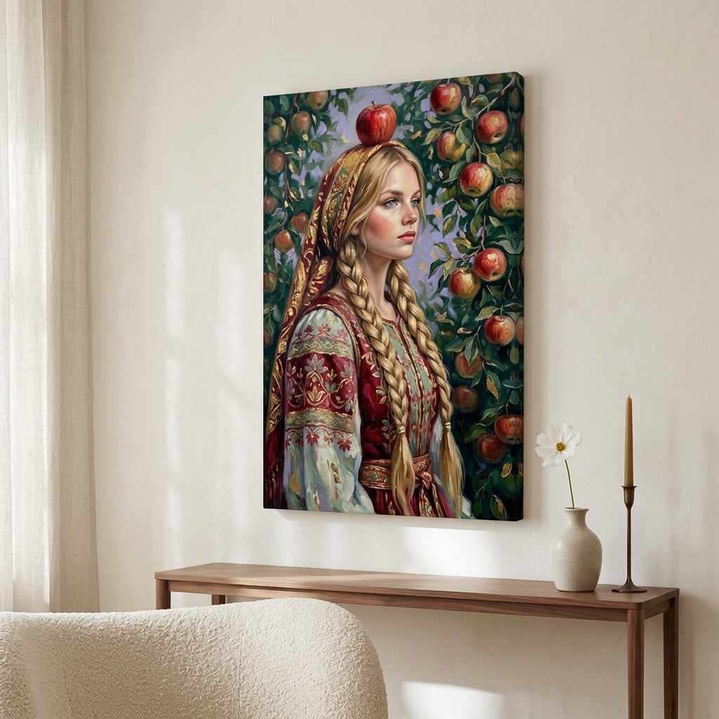Ritratto folkloristico di donna con mela appeso in un moderno soggiorno, sopra una console in legno con decorazioni eleganti.