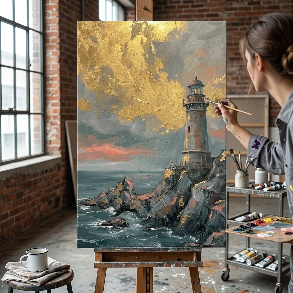 Artista nel laboratorio Papilora al lavoro su un quadro con faro, illuminato dalla luce naturale di una grande finestra.