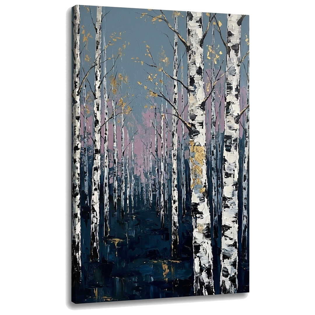 Visualizzazione 3D del quadro Foresta di Betulle con telaio in legno a vista, stile moderno Premium Art di Papilora.