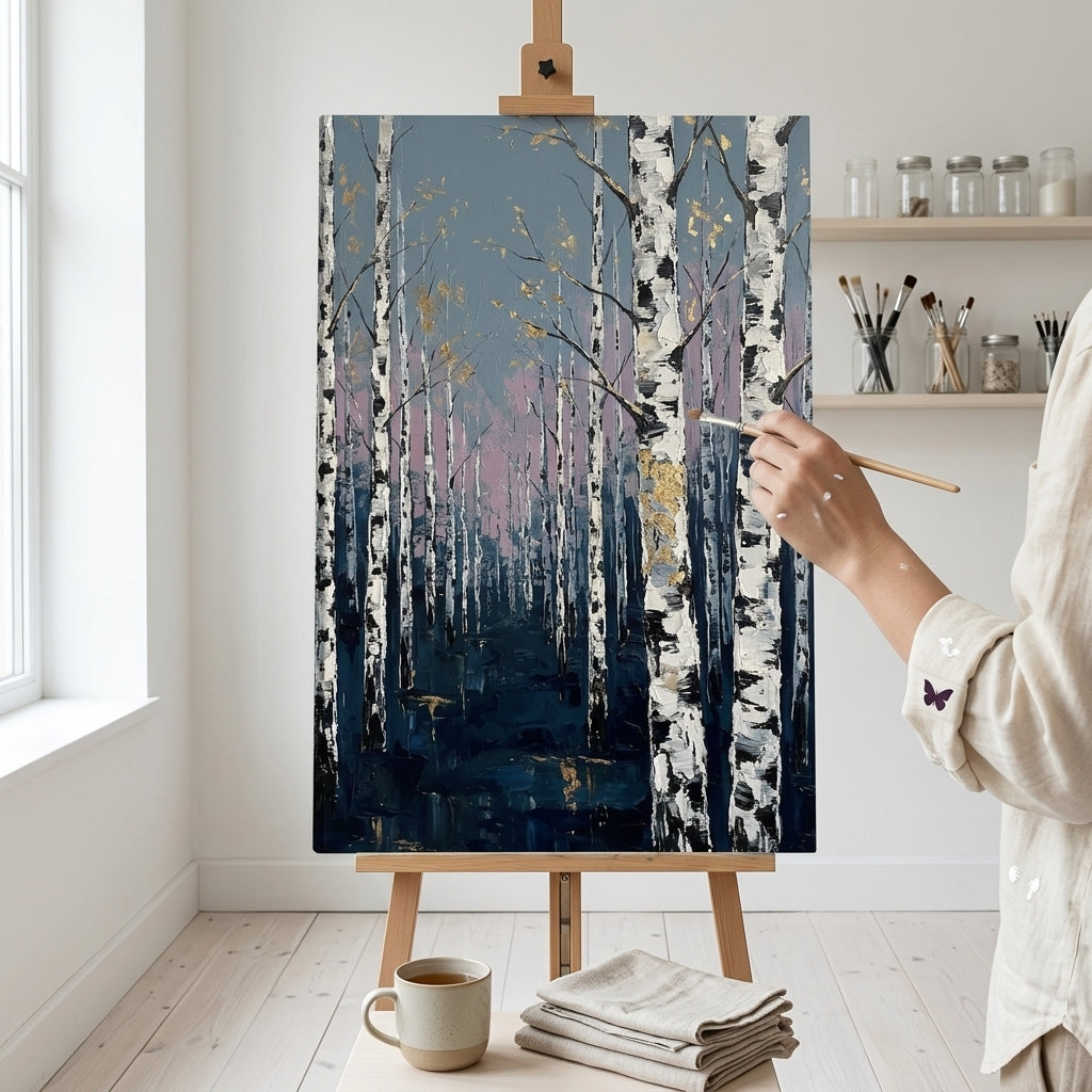 Artista nel laboratorio Papilora al lavoro su un quadro con foresta di betulle, illuminato da luce naturale.
