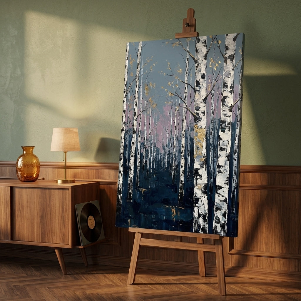 Quadro con foresta di betulle in un elegante soggiorno moderno, posizionato sopra una console con vaso e candela.