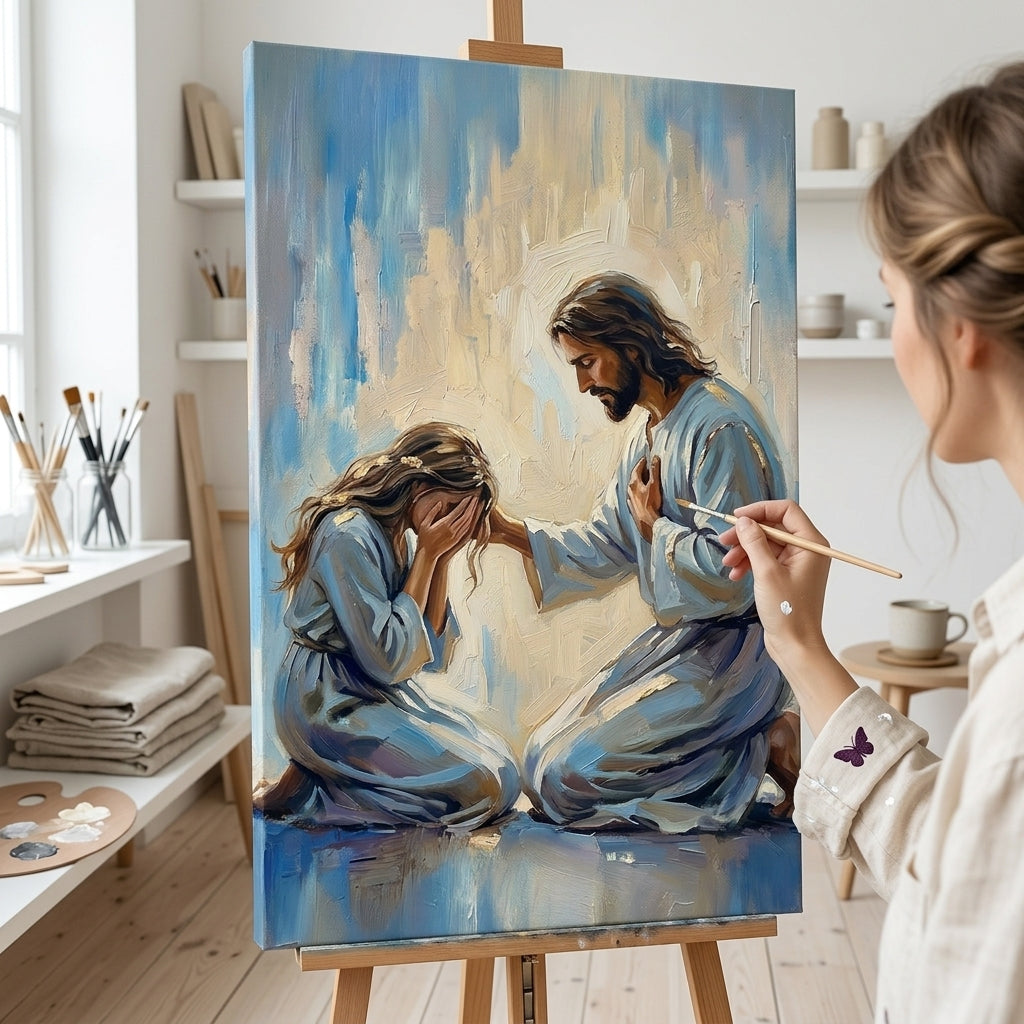 Artista nel laboratorio Papilora al lavoro su un quadro di Gesù che consola una donna, illuminato da luce naturale.