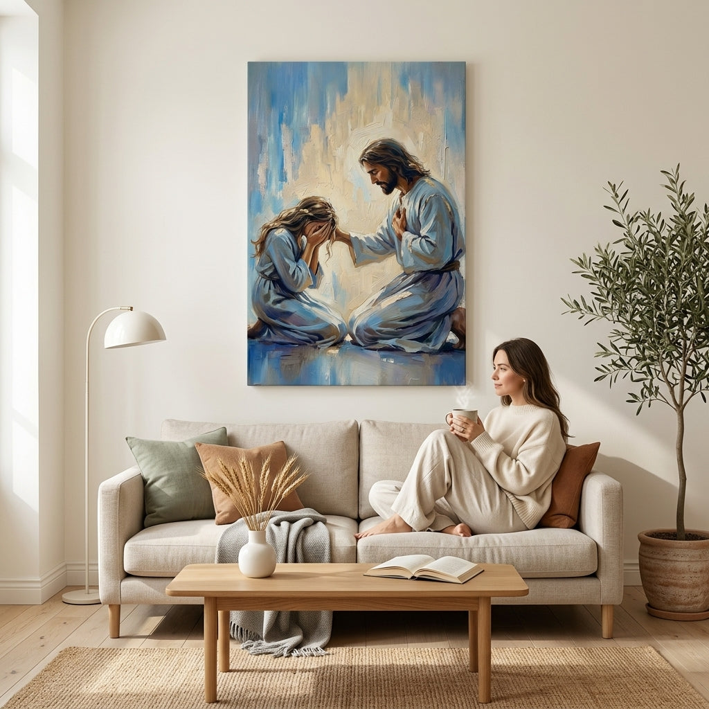 Quadro religioso con Gesù e donna in un elegante soggiorno moderno, posizionato sopra una consolle in legno con decorazioni.