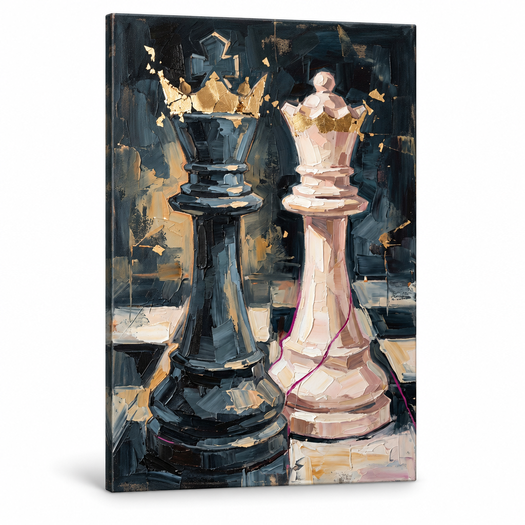 Quadro su tela con Re degli scacchi, visualizzazione 3D del telaio in legno massiccio, stile Premium Art di Papilora.